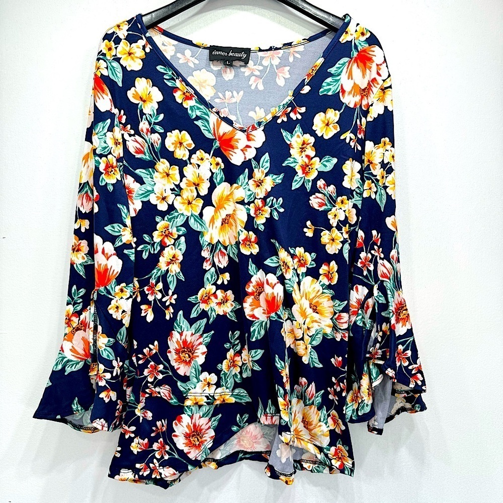 Inner Beauty Navy With Bold Floral Print Bell Ruffle Sleeve Top Size Large NEW